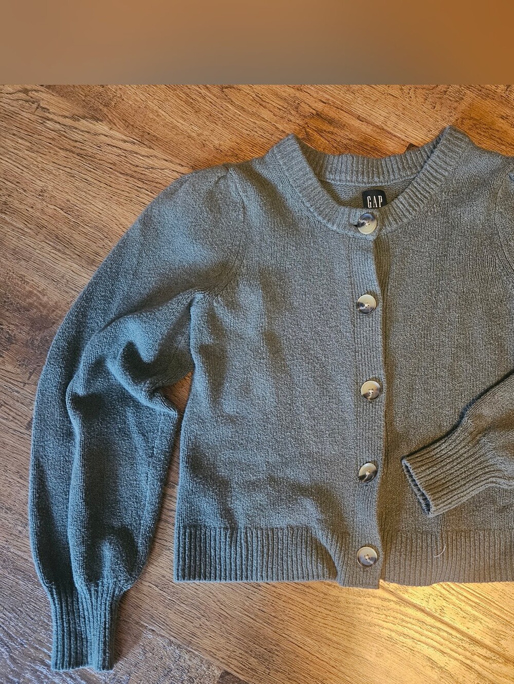 GAP Moss Green Button Cardigan, Puff Shoulder,  Size S